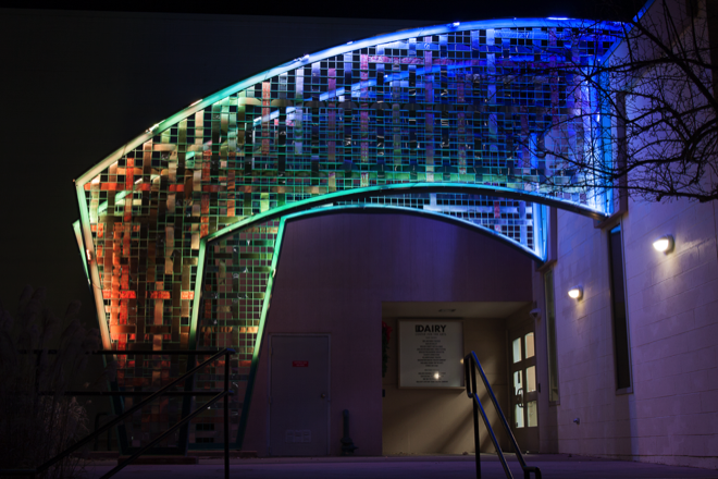 Lit arches at The Dairy in Boulder