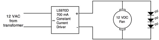 Desklamp circuit diagram showing fan in parallel with 3 LED string