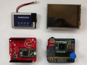 Exploded view of Teensy version showing two shields, the LCD and battery