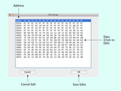 nRF Programmer software memory edit window with descriptions
